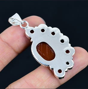Natural Red carnelien Gemstone 925 Silver Plated Half Flower Pendant, Floral Necklace Charm, women's jewellery, Handmade Pendant - Product Image 3