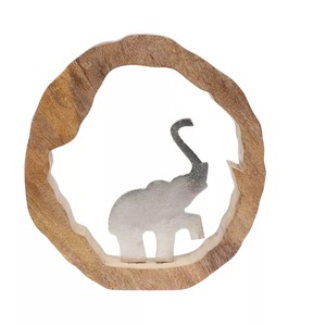 Sculpture d'éléphant circulaire en bois faite à la main, décoration de table, art moderne pour salon, thème animal, cadeau artisanal - Product Image 2