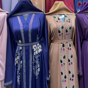 Wholesale Modest Dubai Beaded Sequined Long Sleeve <b>Abaya</b> Muslim Traditional Handmade Wedding Women Polyester Breathable V Neck - Product Image 1
