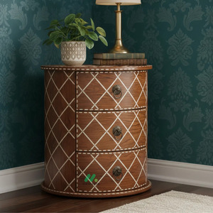 Table de chevet ronde traditionnelle en bois avec incrustations blanches, 3 tiroirs, style antique, meubles de chambre à coucher faits à la main - Product Image 1