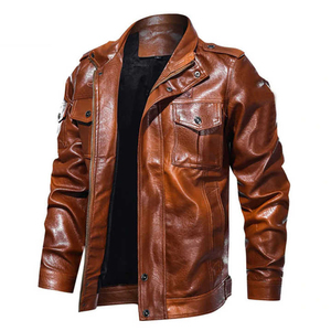 Veste en cuir véritable pour homme, marron, style motard, fermeture éclair, col rabattu, vêtement d'automne - Product Image 1