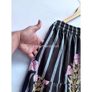 Jupe trapèze rayée à imprimé floral pour femme, taille élastique, volants, longueur genou, style Prairie Chic, 100 % coton, tissu mousseline - Product Image 2