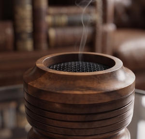 Porte-encens en bois de manguier fait main, brûleur rond en forme de bol, corps côtelé et rainuré, écran en maille métallique - Product Image 5