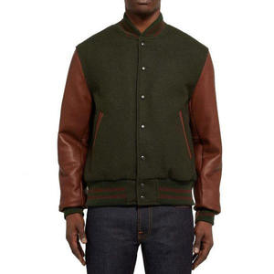 Blouson universitaire vert olive pour homme avec manches en cuir marron, col montant, style décontracté hiver, simple boutonnage, logo frontal, respirant - Product Image 3