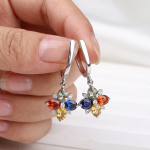 Precious Natural Multi Sapphire <b>Diamond</b> 18k Solid White Gold Handmade Classic Drop <b>Earrings</b> Certified Wedding Engagement Women - Product Image 6