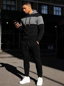 Ensemble jogging décontracté pour homme, automne, hip-hop, 2 pièces, sweat-shirt et pantalon de survêtement, jacquard gaufré, 100% coton, séchage rapide - Product Image 5