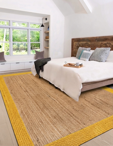 Alfombra moderna de yute natural con borde amarillo, alfombra hecha a mano para interiores, para dormitorio, sala de estar - Product Image 1