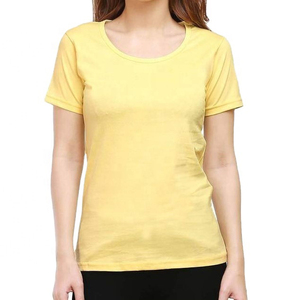 Camiseta de Manga Corta con Cuello Redondo para Mujer, Color Amarillo, Corte Regular, 100% Algodón, Informal, Color Sólido, Transpirable - Product Image 1