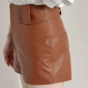 Nouveau style short taille haute en cuir véritable couleur unie confortable et ajusté en peau de mouton véritable avec fermeture éclair pour femme - Product Image 2