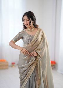 Satrani Women's Shimmer <b>Tissue</b> Gota Lace Ready To Wear Saree with Unstitched Blouse Piece - Product Image 2