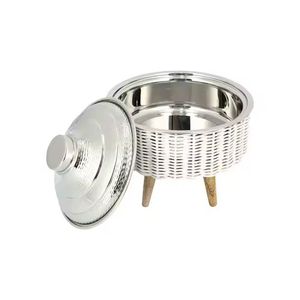 Contemporary Sphere Casserole Premium Food Warmers Silver Ribbed <b>Buffet</b> <b>Server</b> with Elegant Gold Tripod Legs & Lid - Product Image 4