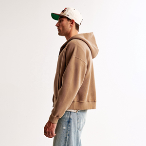 New Men's Zipper Hoodies Droop Shoulder 100% Cotton Fleece Hoodies Oversized Zip <b>Up</b> Men Cropped Boxy Hoodie Custom Logo For Men - Product Image 3