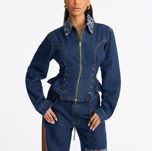 Women’s Corset <b>Denim</b> <b>Jacket</b> with Lace‑Up Waist and Printed Collar Trendy Streetwear Women's <b>Denim</b> <b>Crop</b> <b>Jacket</b> With Bandana - Product Image 1