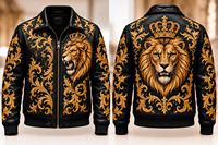 Veste de motard rétro de luxe personnalisée avec broderie complète, style streetwear, motif lion, animal, nature, pour les amateurs de cuisine, en cuir véritable pour hommes