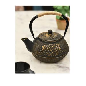 Hermosa Tetera Redonda de Hierro Fundido con Diseño de Flores Doradas, con Tapa y Asa, Tetera Decorativa para Servir Té - Product Image 1