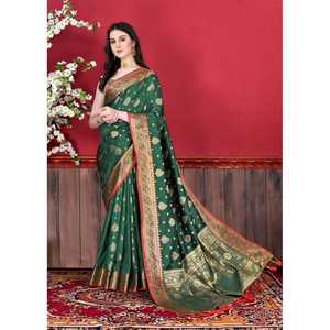 DESIGNER SOFT <b>SILK</b> ZARI WORK SAREE WITH UNSTITCHED BLOUSE <b>GREEN</b> - Product Image 1