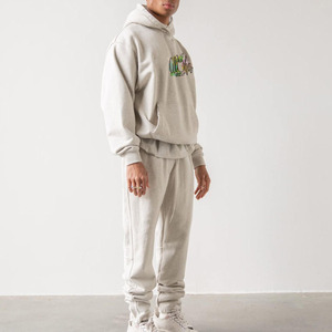 Men's <b>Light</b> Gray Hooded Tracksuit 100% Cotton Casual Full Length Sweatshirt and Pants Set with Front <b>Letter</b> Print - Product Image 4