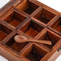 Boîte à épices artisanale en bois Masala Dabba, 9 compartiments, ensemble organisateur d'épices indien, couvercle en verre, cuillère, style rustique, cuisine, compatible lave-vaisselle