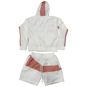 Ensemble de survêtement unisexe rose à blocs de couleur, veste à capuche zippée et short, sportif, respirant, léger, en polyester, pour adulte, idéal pour le printemps - Product Image 4