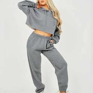 Women Pink Cotton Tracksuit Set Hooded <b>Crop</b> Top Full Length Pants Casual Loose Fit Solid Color Full Sleeve Spring Wear - Product Image 6