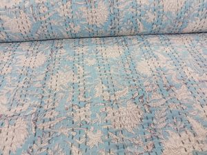 Classic <b>Hand</b> Block Blue Floral Cotton Quilt <b>Hand</b> <b>Stitched</b> Quilted Home Decor All-Season - Product Image 5