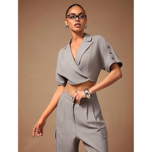The Heirloom <b>Linen</b> Blend Cropped Blazer & Cargo Trouser <b>Set</b> a cropped short sleeve blazer featuring a sophisticated notched - Product Image 4