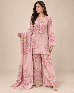 Pink Floral Printed Cotton Indian Top Pants Set Reversible Wrinkle Free Midi <b>Kurta</b> Sharara Outfit for Party Wedding All Seasons - Product Image 5