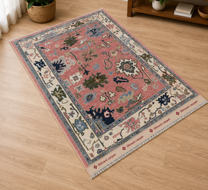 Tapis traditionnel rose en laine à motifs floraux, noué à la main, écologique, à poils ras, épaisseur moyenne, avec envers en coton, pour couloir et salon - Product Image 1
