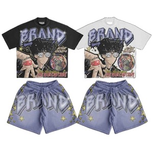 Summer Two Piece <b>Mens</b> Track Suit Custom Chenille Embroidery Solid Color <b>Zip</b> <b>up</b> Short Sleeve T-<b>shirt</b> and Shorts Set - Product Image 1