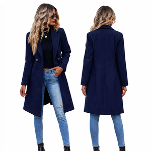 Abrigo Largo de Lana para Mujer, Color Azul Marino, Elegante Cuello Solapa, Abrigo de Invierno con Botones al Frente, Ropa de Abrigo Informal y de Oficina - Product Image 1