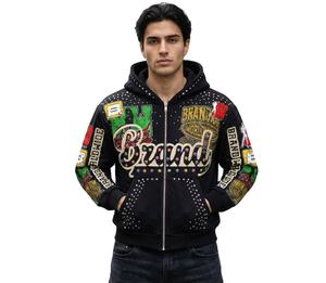 Sudadera con capucha de invierno unisex extragrande de algodón 100% orgánico, con cremallera, pedrería, bordado y patchwork, estilo vintage lavado. - Product Image 1