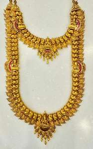 Conjunto de Collar Largo y Gargantilla de Oro Sólido de 22K con Rubíes Antiguos de Templo, Diseño de Pavo Real de la Diosa Lakshmi, Collar Nupcial Étnico Tradicional - Product Image 2