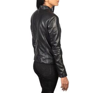 Chaqueta de Motociclista de Cuero Negra para Mujer, Cortavientos, con Cuello Alto y Cremallera - Product Image 2