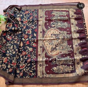 Indian Premium Exclusive Linen Fabric Digital Kalamkari <b>Print</b> Saree Elegant Festive Wedding Party <b>Office</b> Casual Wear Outfit - Product Image 6