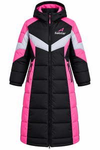 Manteau matelassé long à capuche noir et rose pour femme Salstar, avec blocs de couleur, fermeture éclair, veste d'hiver, personnalisable avec vos logos de marque - Product Image 3