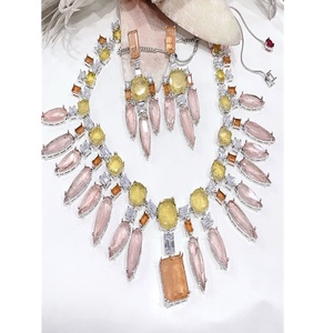 Exquisite Premium Quality CZ <b>Statement</b> Doublet Stones Look With Adjustable Back Chain <b>Necklace</b> and Earrings Set for Women - Product Image 2