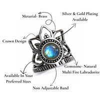 Bague statement en laiton plaqué argent fait main, sertie d'une pierre de labradorite en forme de couronne, motif lotus bohème, légère et au design unique