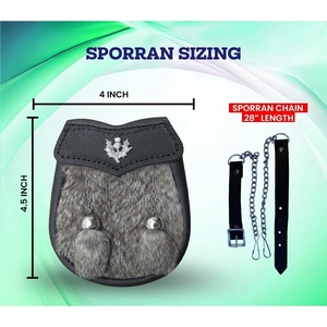 Sporran en cuir noir personnalisé avec fausse fourrure, chaîne métallique avant, pompons, emblème de gazon celtique, pochette classique pour kilt écossais des Highlands - Product Image 6