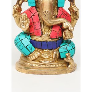 Intrincado 4 \ "Lord Ganesha Escultura de latón Bendición abundante con intrincado trabajo de incrustaciones Estatua pequeña - Product Image 1