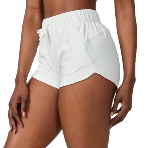 Shorts taille haute pour femmes en gros, couleur unie, tricotés, avec cordon de serrage, coupe décontractée, respirants, en coton et élasthanne - Product Image 3