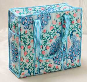 Sac fourre-tout en toile à motif floral paon avec bordure rayée bleue, style bohème, ouverture supérieure, pour usage quotidien - Product Image 1