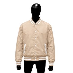 PREMIUM BEIGE <b>VARSITY</b> <b>BOMBER</b> <b>JACKET</b> <b>MEN</b> Solid Color Turn-down Collar Regular Fit Polyester Material Casual Winter Wear Wool - Product Image 1