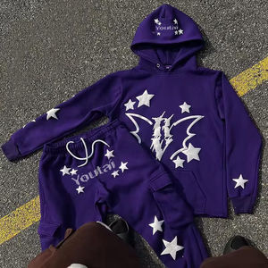 Ensemble de survêtement streetwear personnalisé avec impression en relief pour hommes, 100 % coton, avec pantalon évasé et sweat à capuche - Product Image 3