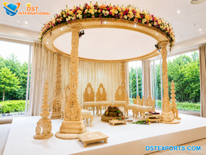 Mandap de mariage en bois sculpté impérial, Mandap rond à quatre piliers, Cérémonie de mariage hindou, Mandap en bois sculpté - Product Image 2