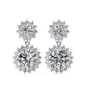 5.00mm Round Moissanite Double Halo <b>Drop</b> Earrings with 3.00mm Top Stone & 1.10mm 28 Side Stones Moissanite Earrings 10K Gold - Product Image 1