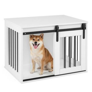 31.5\" White Wooden Dog <b>Crate</b> Furniture with Sliding Barn Door Indoor Kennel End Table for Pets - Product Image 3