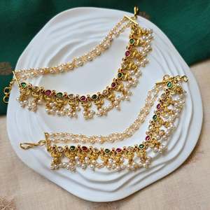Peacock Pearl Diamond Ear Chain Set for Brides-Gold Plated Vintage Fine Jewelry - Product Image 1