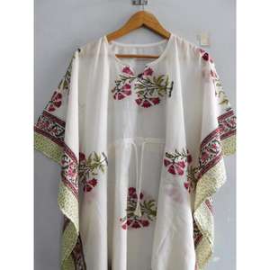 Túnica Kaftán de Algodón Hecha a Mano con Estampado de Bloques, Estilo Boho, para Playa, Manga Murciélago, Cuello en V, Corte Regular, para Vacaciones de Verano - Product Image 2