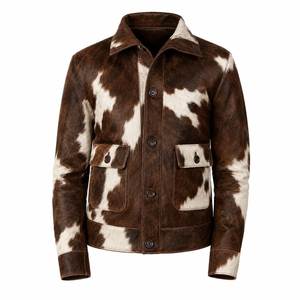 Men's Genuine Leather Tanned Jacket Animal Print Turn-down Collar <b>Covered</b> <b>Button</b> Closure Regular Length Moto Biker Style Front - Product Image 4