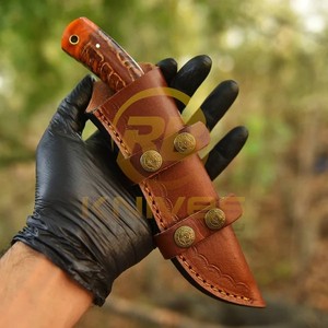 Cuchillo de Caza de Hoja Fija de Acero de Damasco, Punta Caída, Borde Recto, Mango de Madera, Funda de Cuero, Cuchillo para Acampar al Aire Libre - Product Image 6